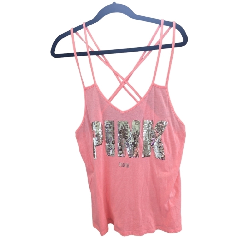PINK Victoria's Secret Peach Spellout Gold Sequin Tank Top Size Small